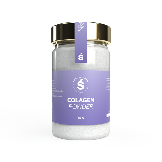 Collagen powder superfood in a glass jar, Health Benefits: - For skin care and immunity - Collagen peptide is an extract of connective tissue of animals - Rich in protein and other nutrients, it has the effect of repairing the body's skin cells- It can restore skin elasticity, restore skin luster, delay aging and moist, superfood, superyou