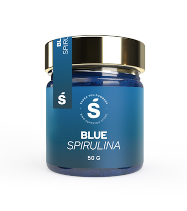 Blue Spirulina powder superfood in a glass jar, superfood, superyou, lower cholesterol, improve digestion, boosts immune system