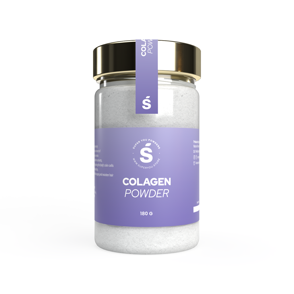 Collagen powder superfood in a glass jar, Health Benefits： - For skin care and immunity - Collagen peptide is an extract of connective tissue of animals - Rich in protein and other nutrients, it has the effect of repairing the body's skin cells- It can restore skin elasticity, restore skin luster, delay aging and moist, superfood, superyou