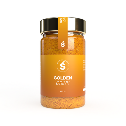 Golden drink superfood powder in a glass jar