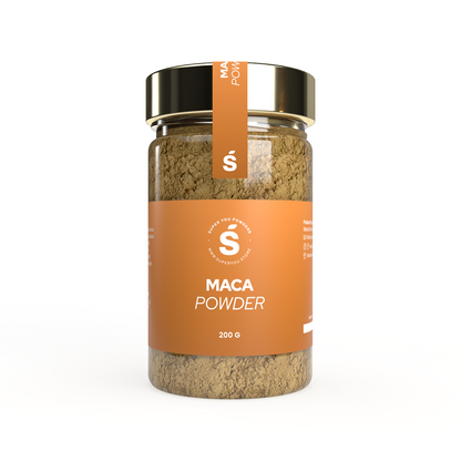 Maca powder superfood in a glass jar