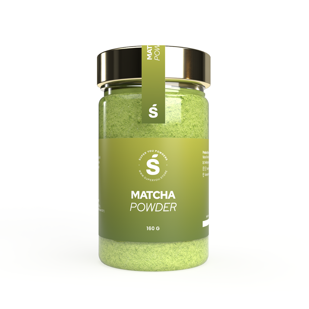 Matcha powder superfood in a glass jar